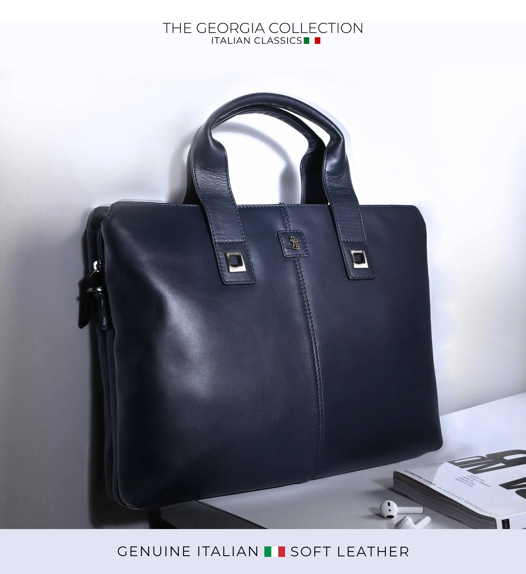 Georgia Collection | Genuine Leather Laptop / Folio Bag For Men |  Office Bag | Color: Navy Blue