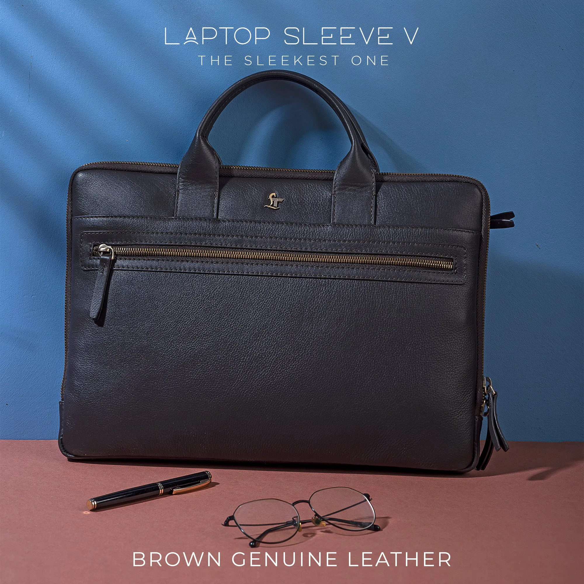 Laptop Sleeve V | Leather Laptop Bag for Men | Size: 15.6 Inches | Color: Blue, Brown & Black