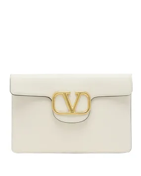 Loco VLogo Flap Leather Clutch in Ivory