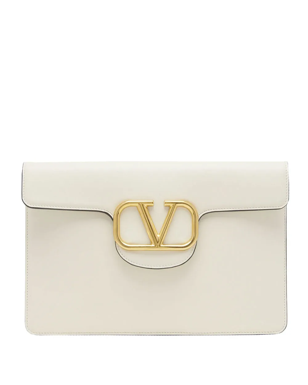 Loco VLogo Flap Leather Clutch in Ivory