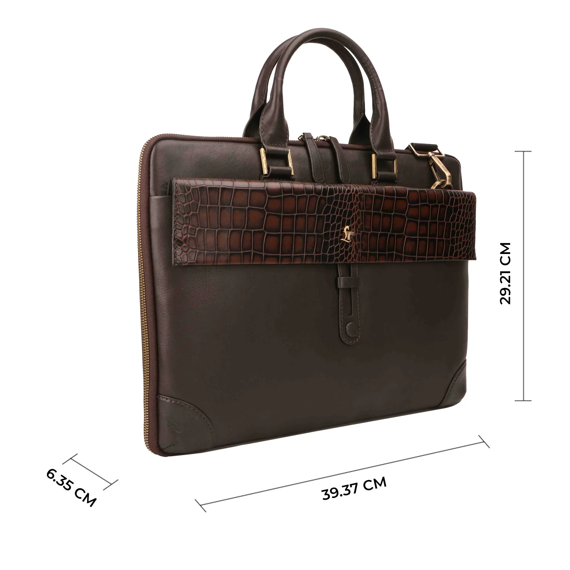 Loop II Pure Leather Laptop Bag for Men | Folio Bag | Deep cut Croco Embossed Genuine Leather | Office Bag | Brown & Black