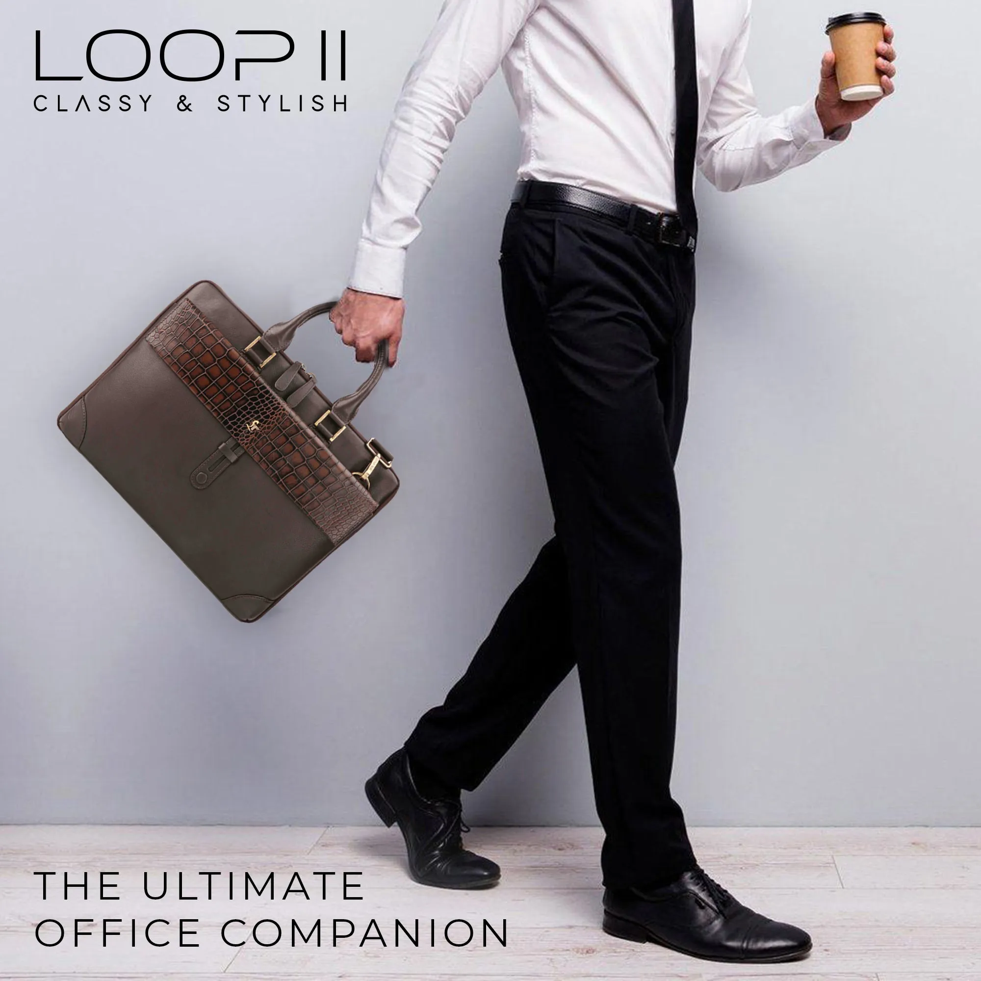 Loop II Pure Leather Laptop Bag for Men | Folio Bag | Deep cut Croco Embossed Genuine Leather | Office Bag | Brown & Black