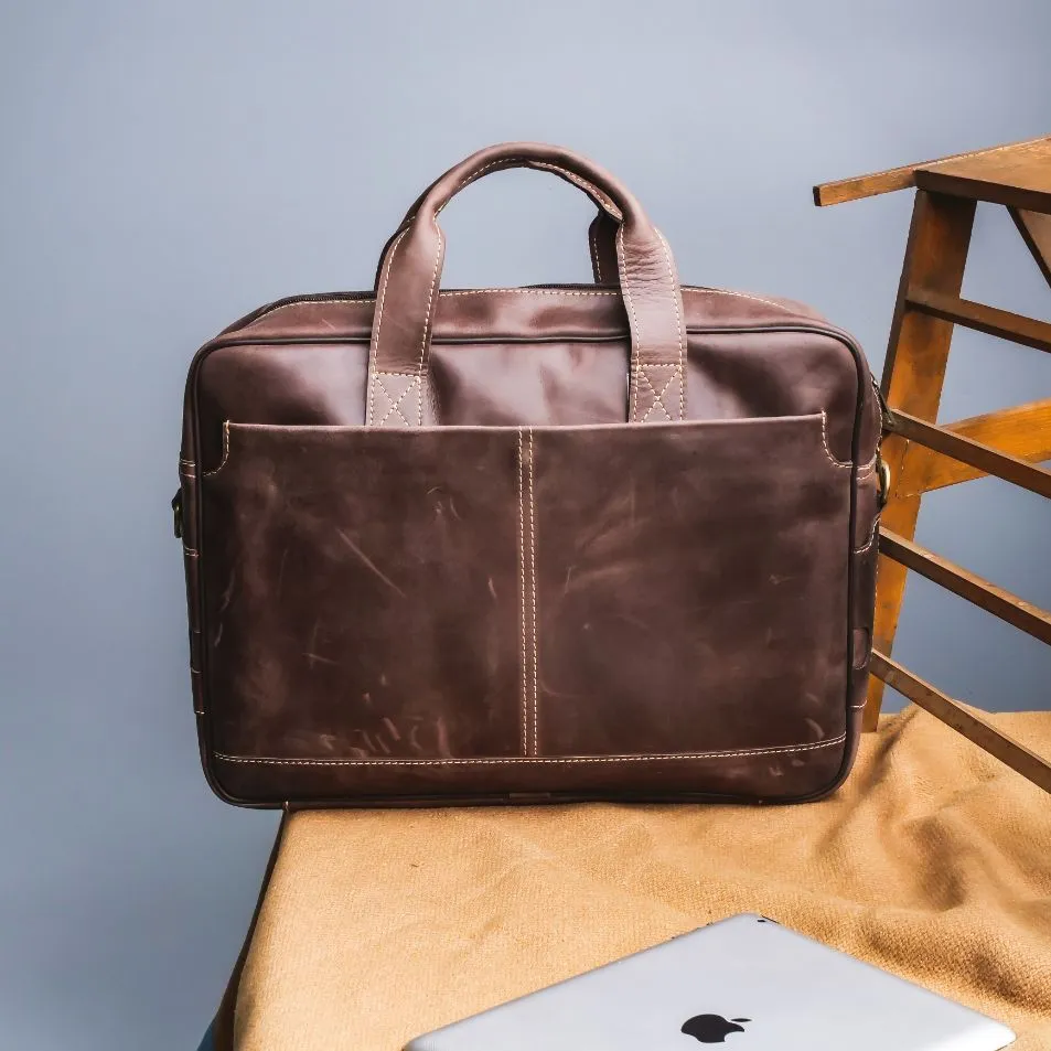 Oxford Pure Dark Brown Leather Vintage Business Laptop Bag