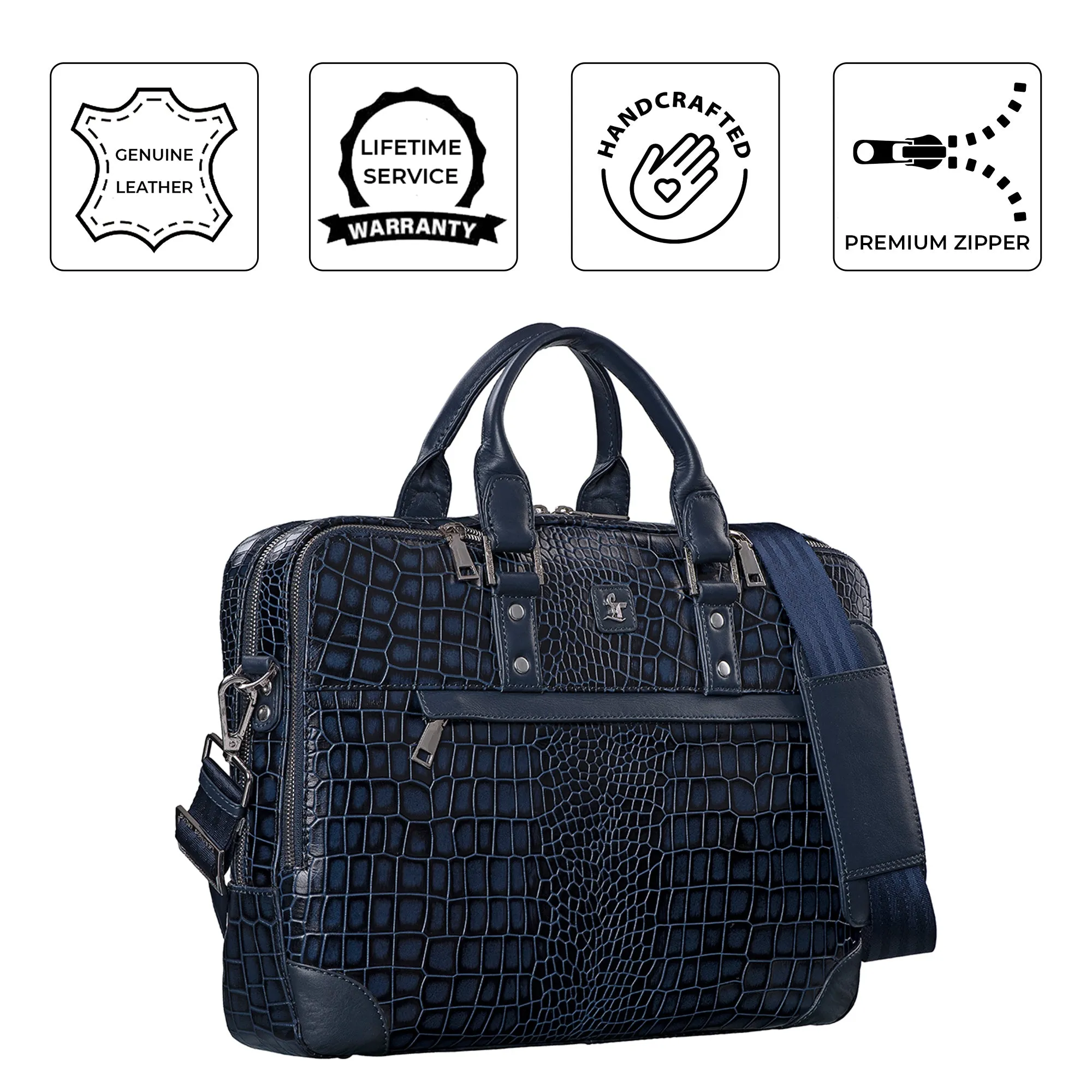 Signature Folio Bag III | Leather Laptop Bag | Office Bag for Men | Color: Blue