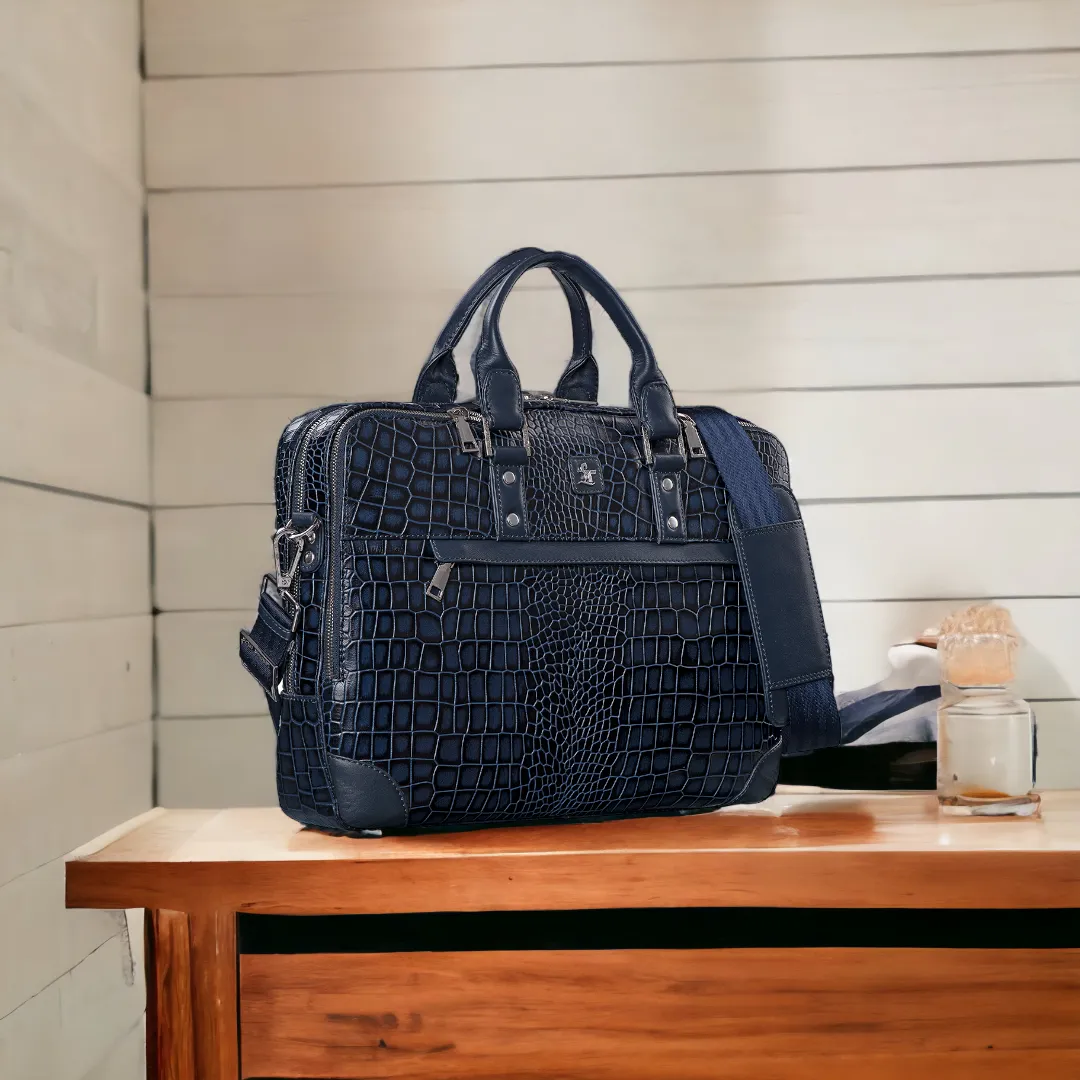 Signature Folio Bag III | Leather Laptop Bag | Office Bag for Men | Color: Blue