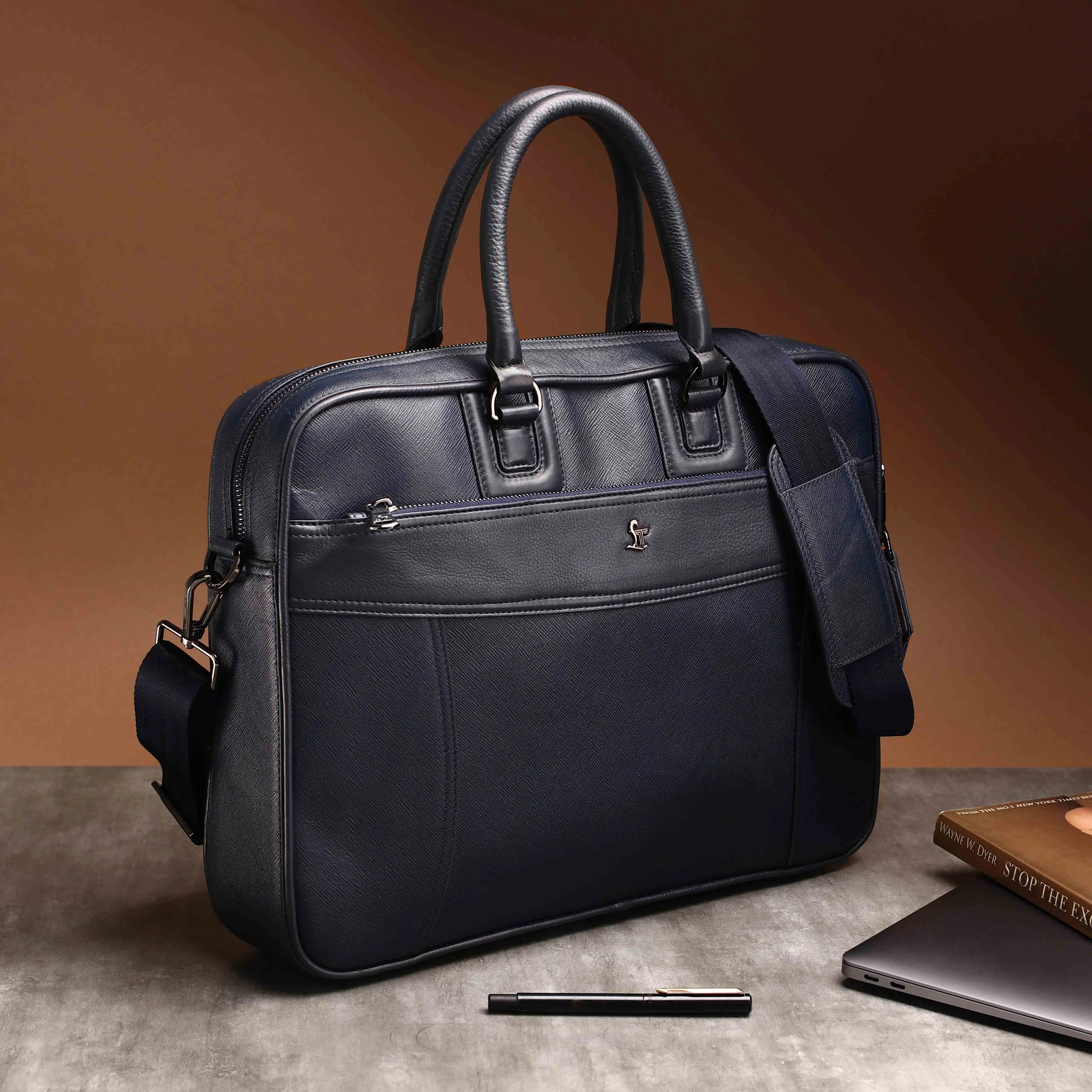 Smith | Leather Portfolio Bag | 100% Genuine Leather | Lifetime Service Warranty | Color: Blue & Black