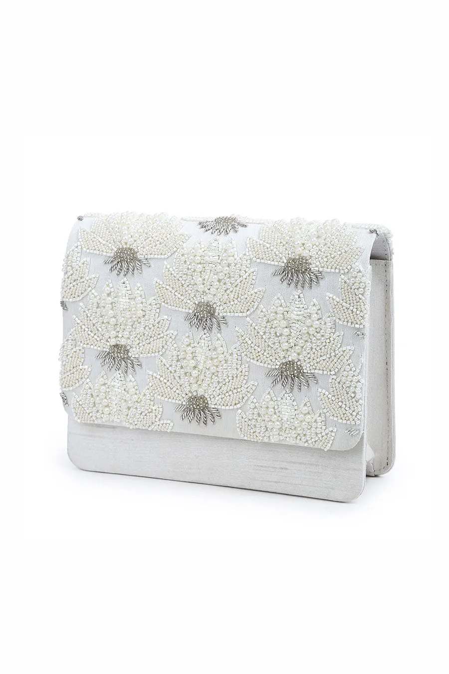 White Pearl Floral Hand-Embroidered Clutch