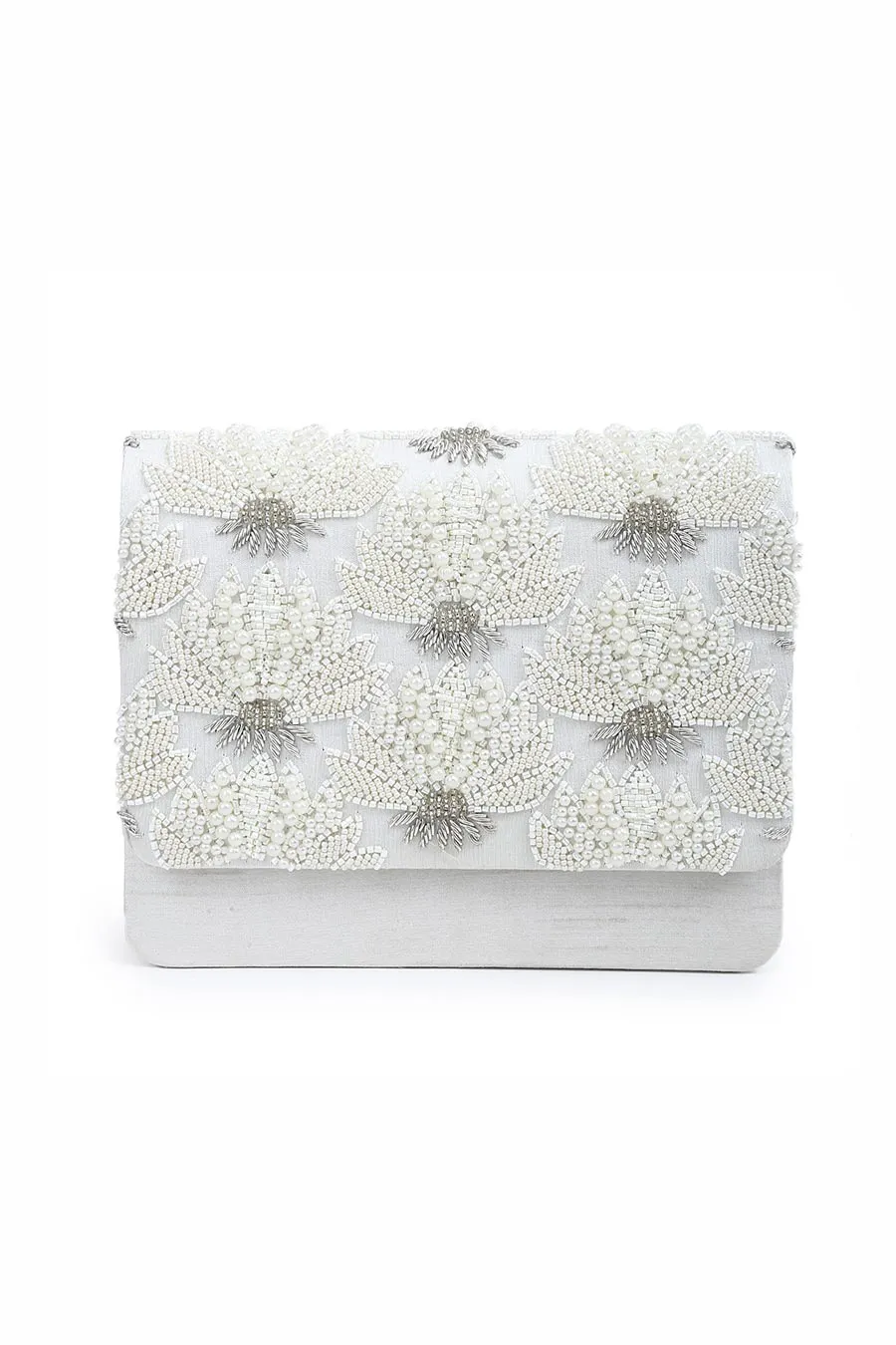 White Pearl Floral Hand-Embroidered Clutch