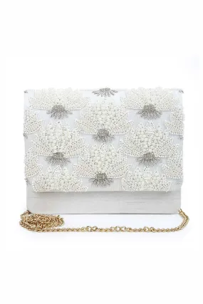 White Pearl Floral Hand-Embroidered Clutch